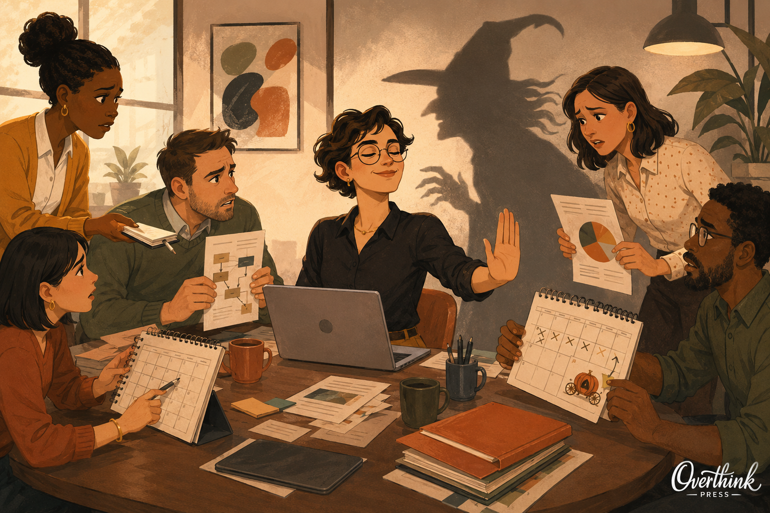 A tense office team works around a smiling inflexible coworker whose shadow resembles a witch