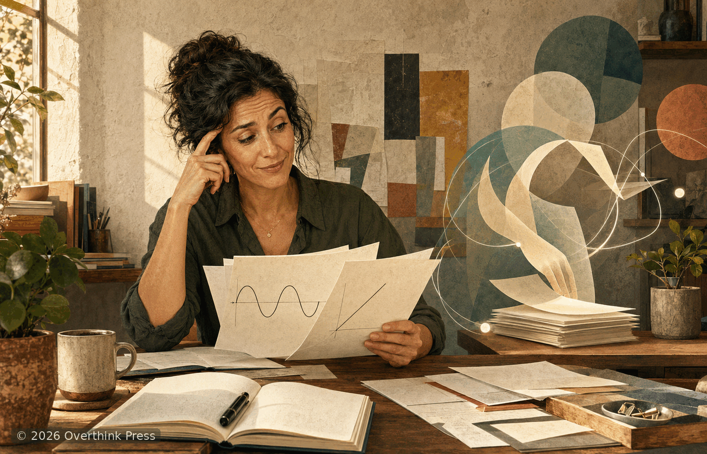A professional facing cosine and tangent formulas while a friendly AI assistant waits nearby