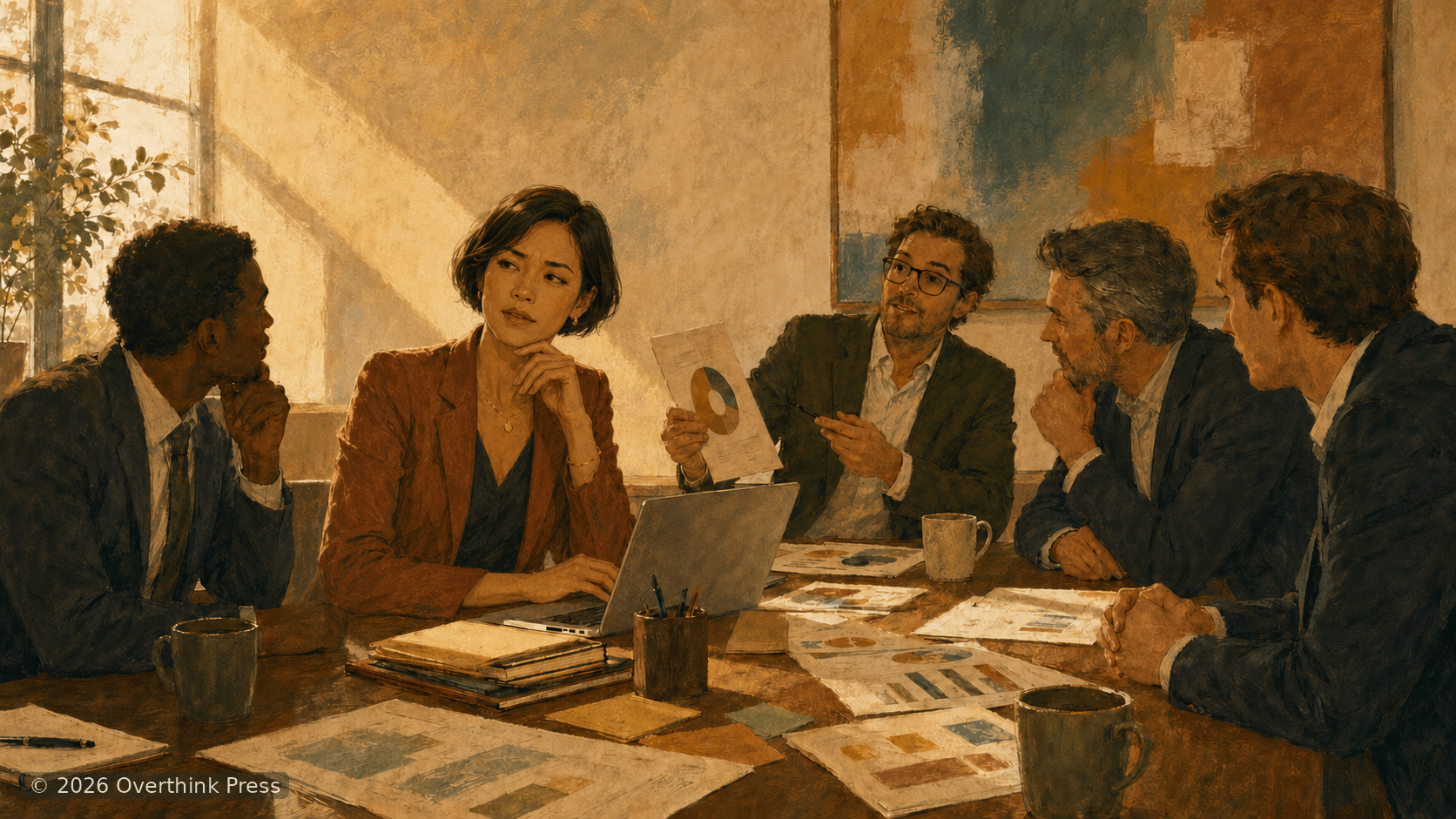 A professional woman with short hair looking puzzled in a meeting room after her idea is repeated by a male colleague