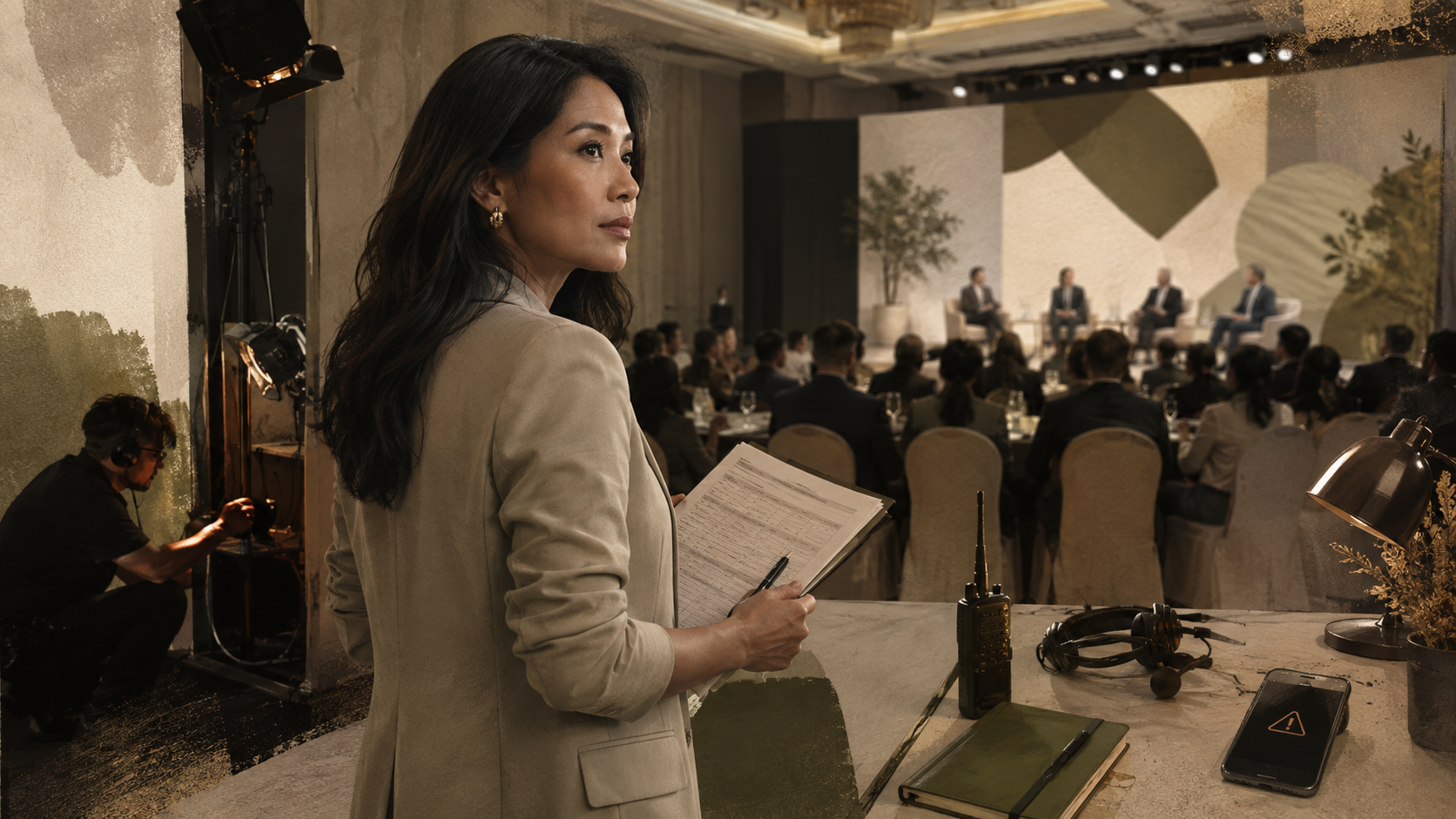 An event professional quietly managing problems behind a polished live event