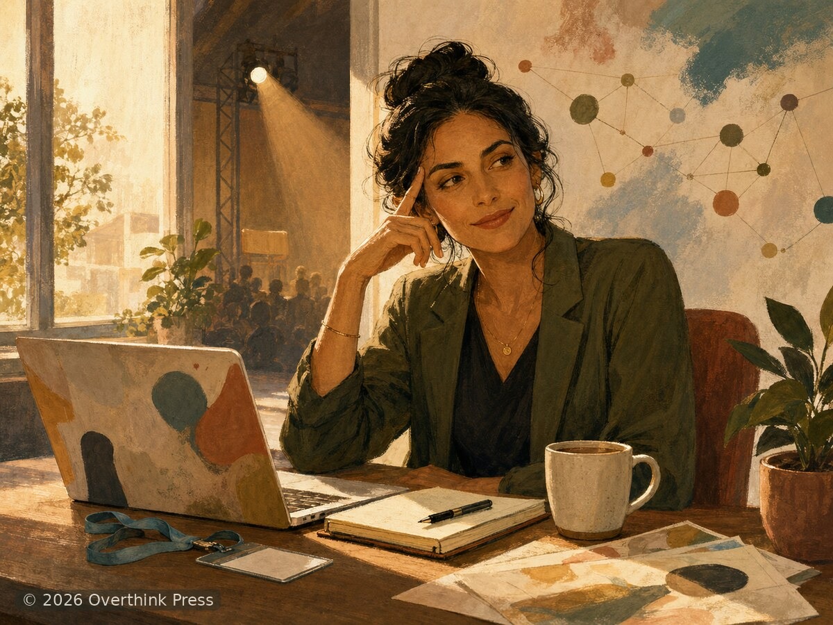 A thoughtful professional at her desk surrounded by notes and ideas